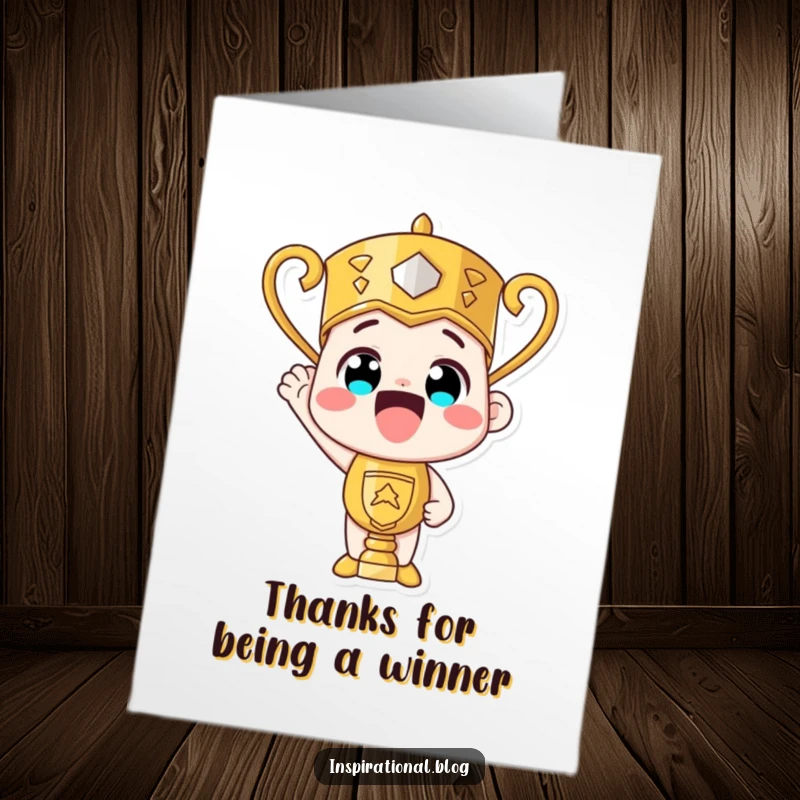 Funny Free Printable Thank You Card with a proud trophy, a humorous way to express thanks. Downloadable art.