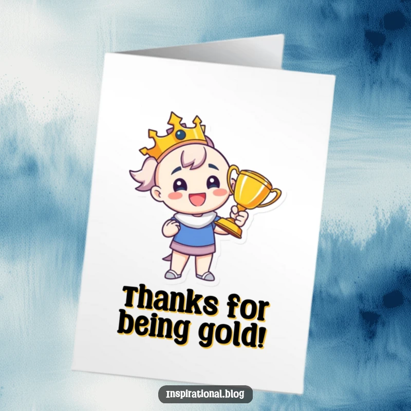 Funny free printable thank you card depicting a character beaming with pride, holding a trophy high, expressing heartfelt thanks.