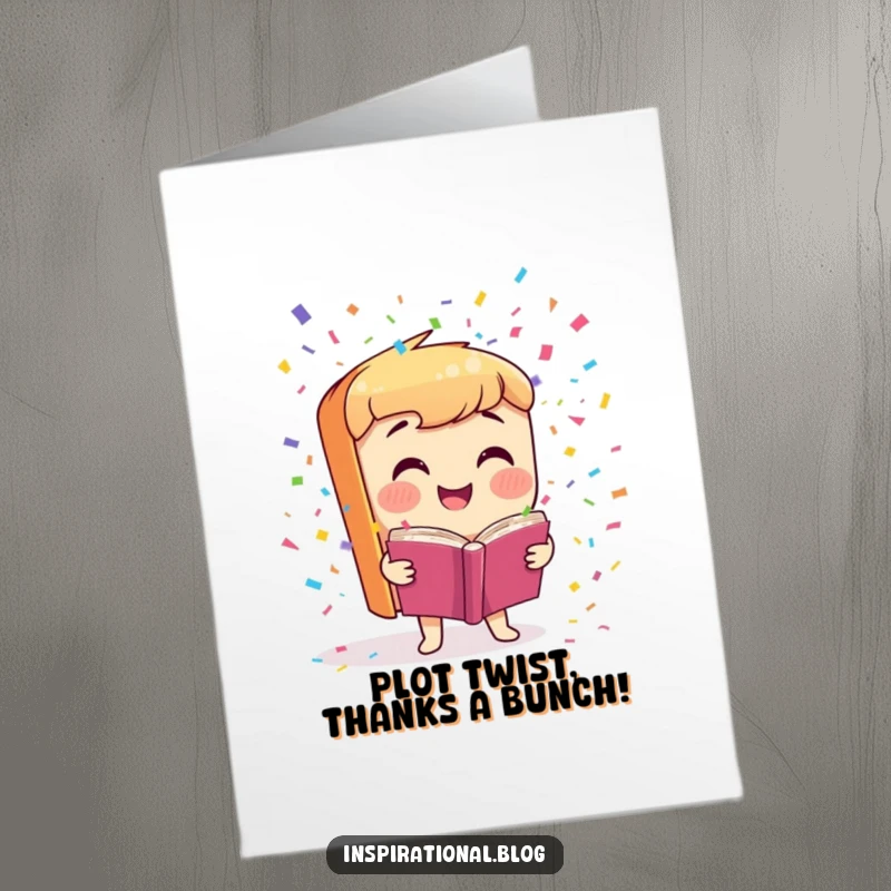 Funny Free Printable thank you card with a cheerful book character scattering colorful confetti to express gratitude.