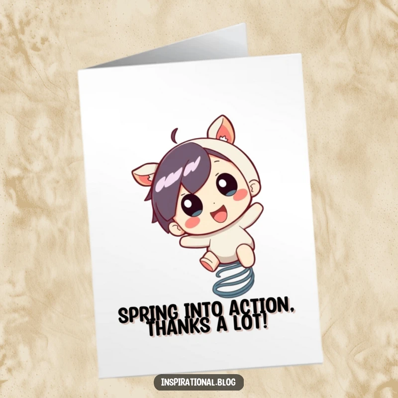 Funny Free Printable Thank You Card of a character bouncing on a spring with pure, unadulterated excitement.
