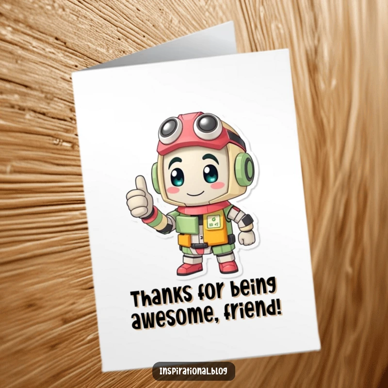 Funny Free Printable Thank You Card: A determined character built from recycled parts offers a strong thumbs-up.