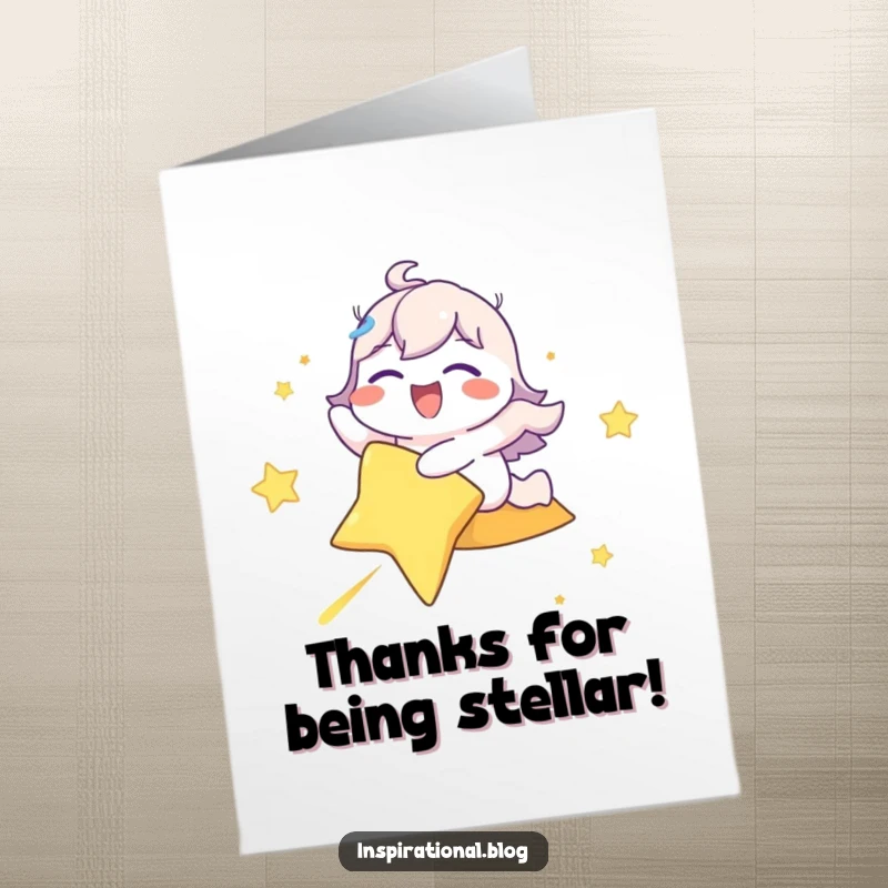 Funny Free Printable Thank You Card: Character rides a shooting star, eyes closed in bliss, expressing heartfelt thanks with cosmic flair.