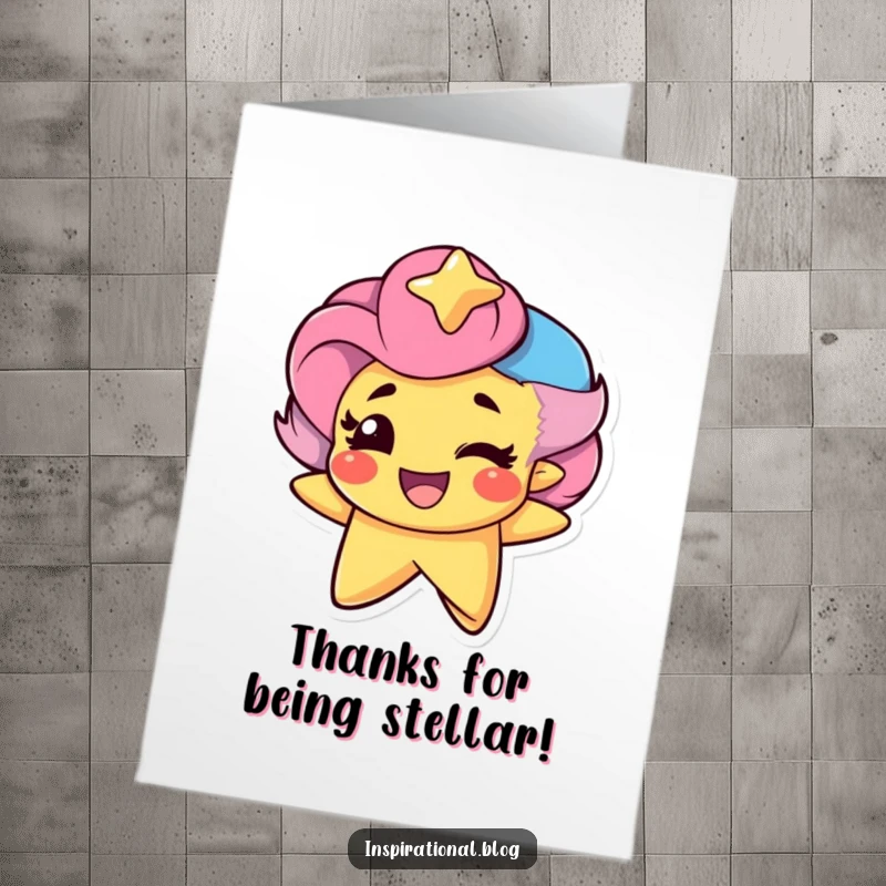 Funny Free Printable Thank You Card with a star character winking confidently and smiling, sending warm appreciation.