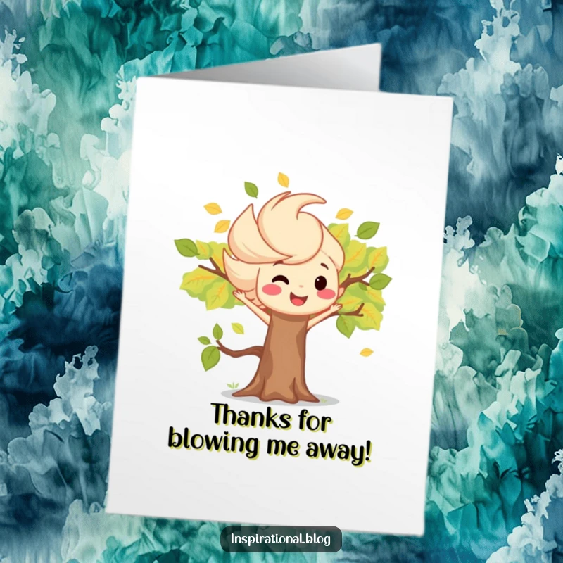 Funny Free Printable Thank You Card showing a cheerful wind gust playfully blowing leaves as a token of appreciation.
