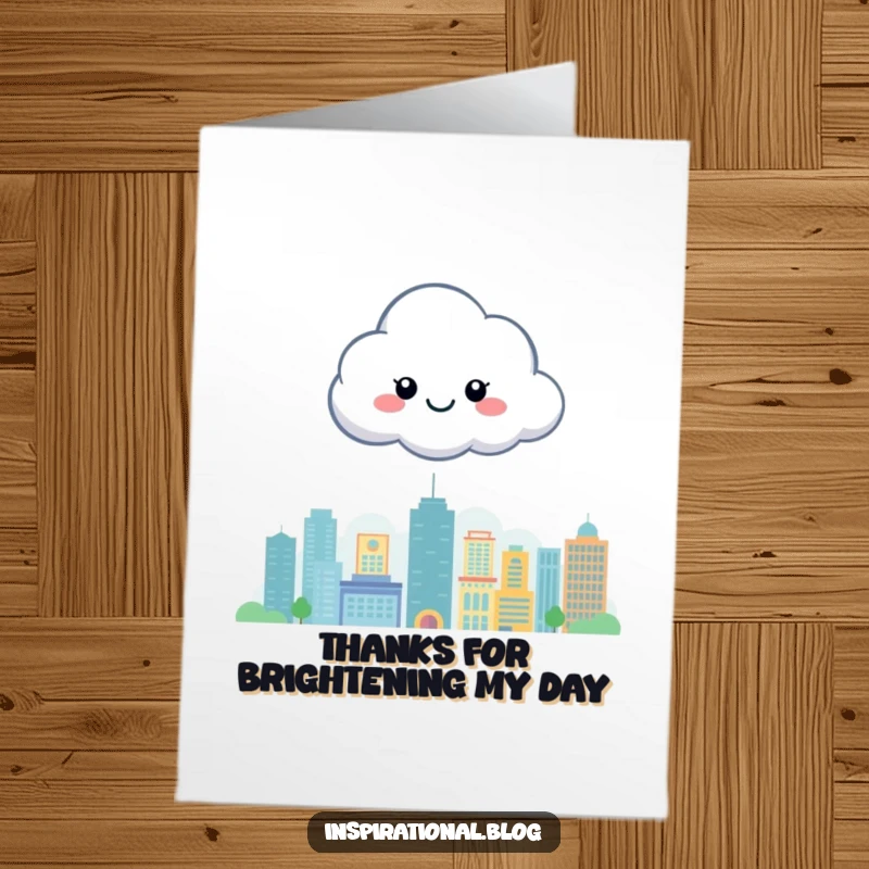 Funny Free Printable Thank You Card: A smiling cloud character floats peacefully above a whimsical cityscape, conveying thanks.