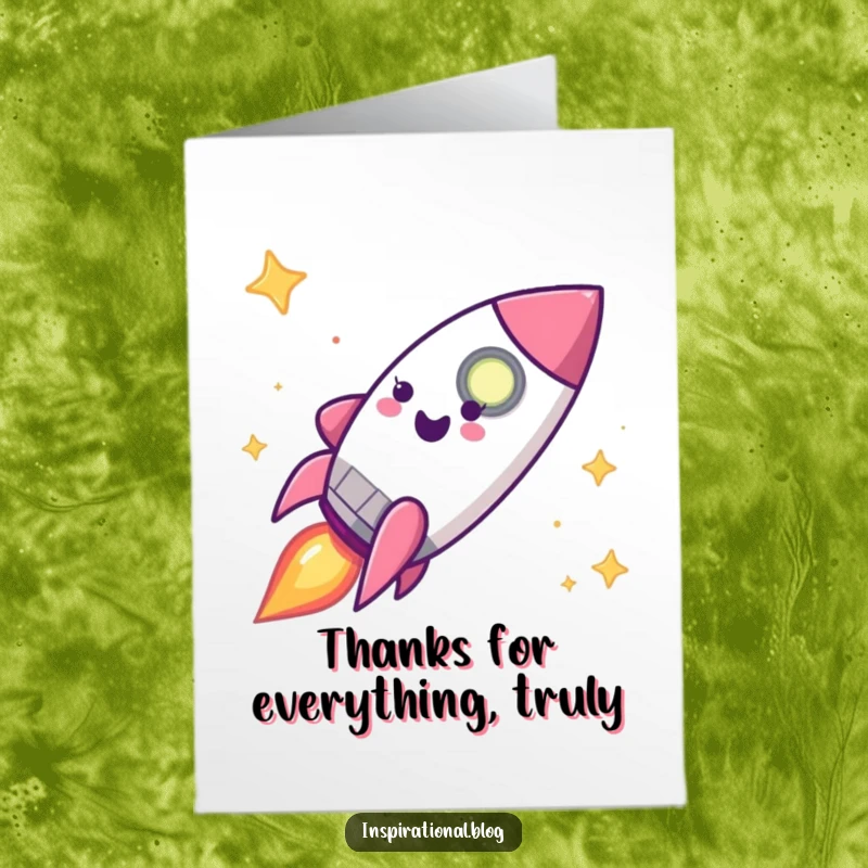 Funny Free Printable Thank You Card: Happy rocket ship character blasting off with excitement, sending thanks at high speed, funny gift.