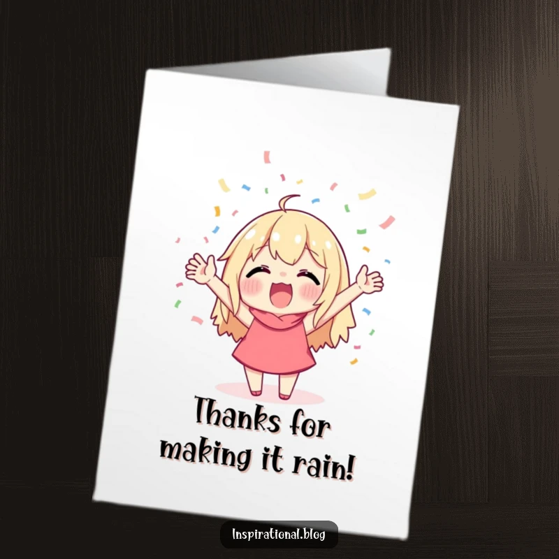 Funny Free Printable Thank You Card with a character cheering amidst falling confetti, symbolizing a joyful and enthusiastic thank you.