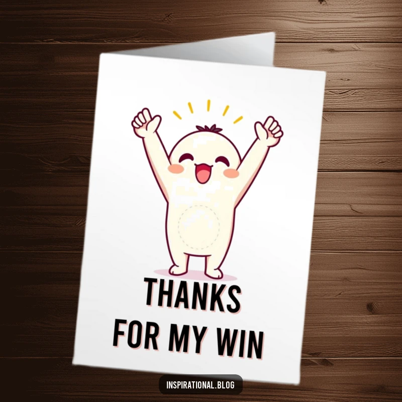 Funny Free Printable Kawaii Triumphant Thank You Card: Character in triumphant pose, arms in air, expressing thanks, print at home.