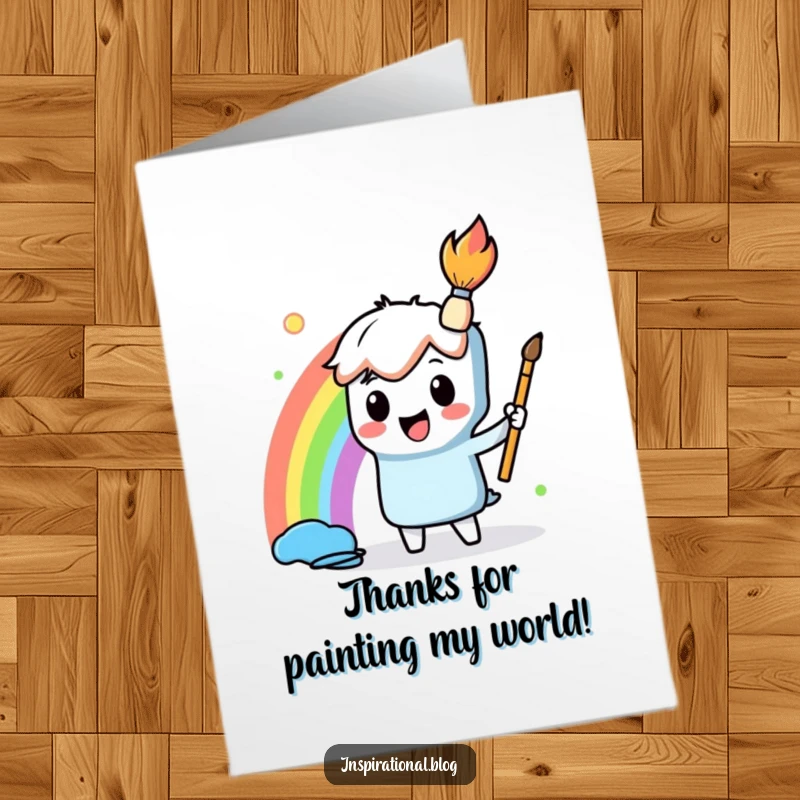 Funny Free Printable Thank You Card: A playful paintbrush character creates a dazzling rainbow, expressing thanks with artistic flair.