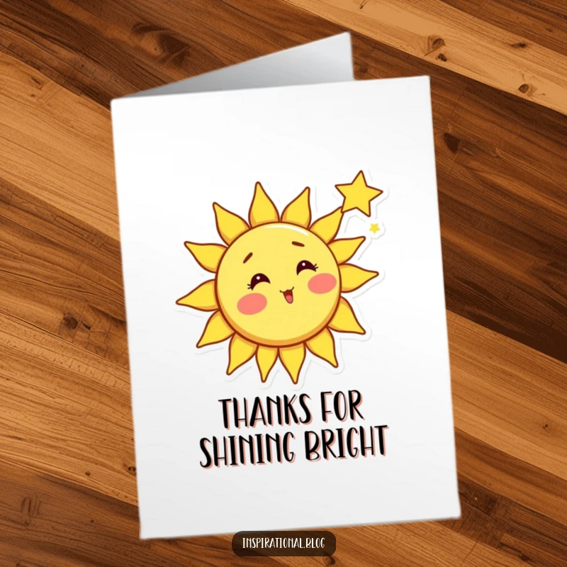 Funny Free Printable Thank You Card: A bright sun character with rosy cheeks looking surprised by a shooting star, offering starry thanks.