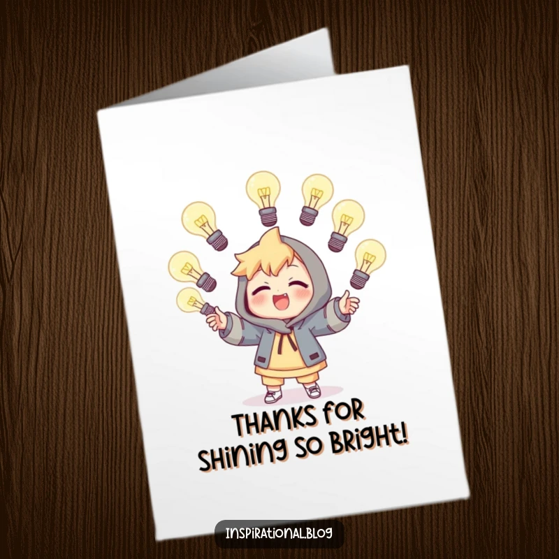 Funny Free Printable Thank You Card with a character juggling luminous light bulbs, expressing gratitude for bright support.