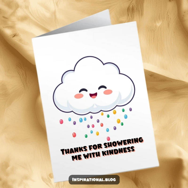 Funny Free Printable Thank You Card with a giggling rain cloud character sprinkling colorful drops, conveying heartfelt thanks with humor.
