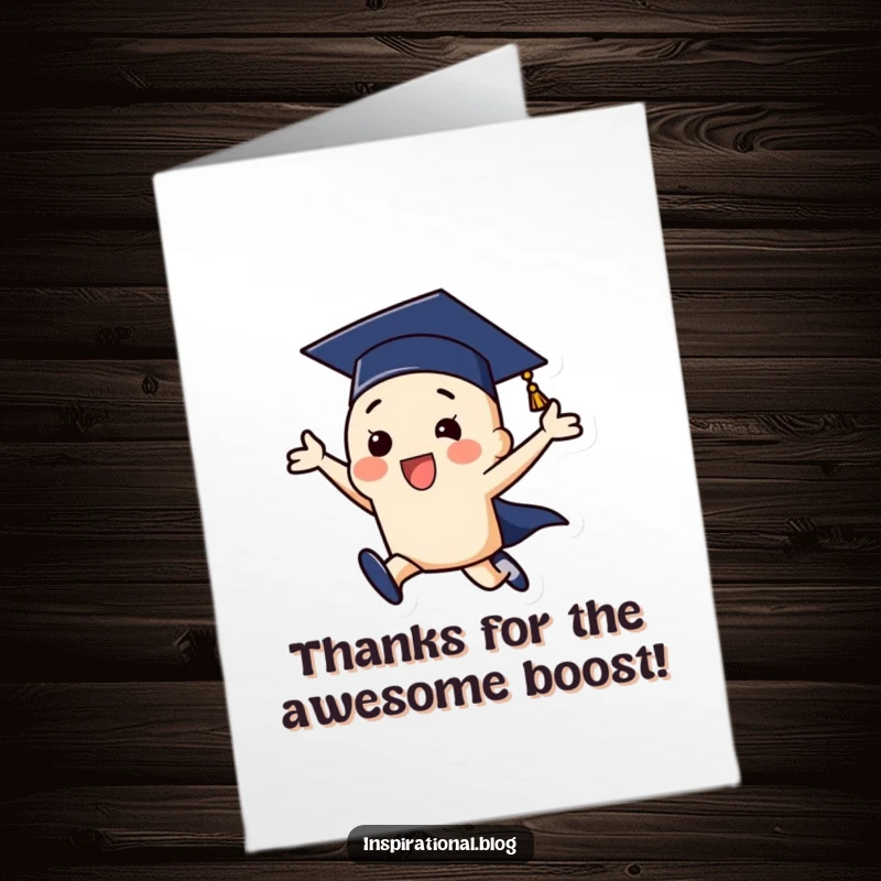 Funny Free Printable Graduation Thank You Card with a leaping cap, perfect for an expression of gratitude. Downloadable art.