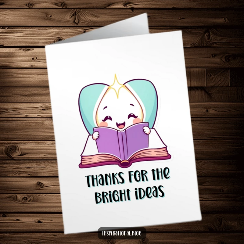 Funny Free Printable Thank You Card: Smiling book character opening to reveal sparkling light, symbolizing glowing gratitude, funny gift.