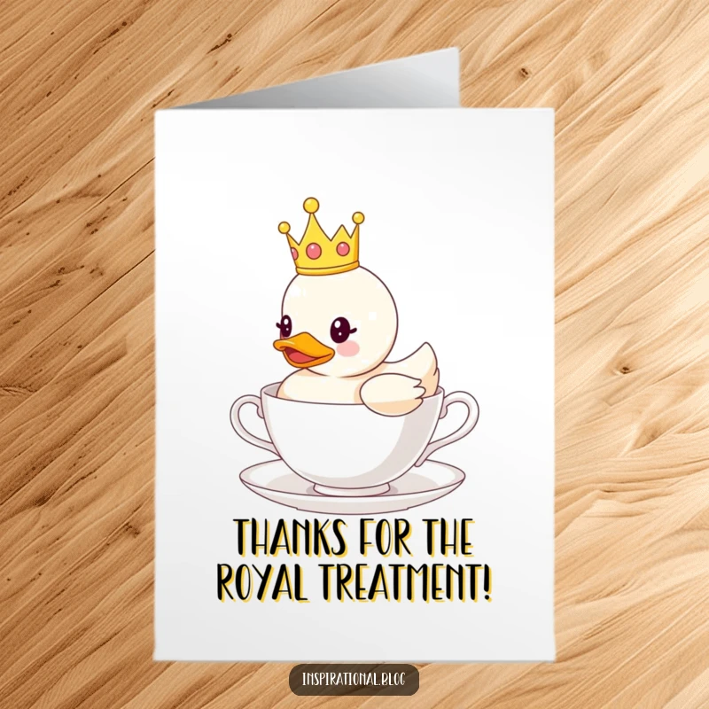Funny Free Printable Thank You Card showing a rubber duck in a small crown, serenely floating on a teacup.