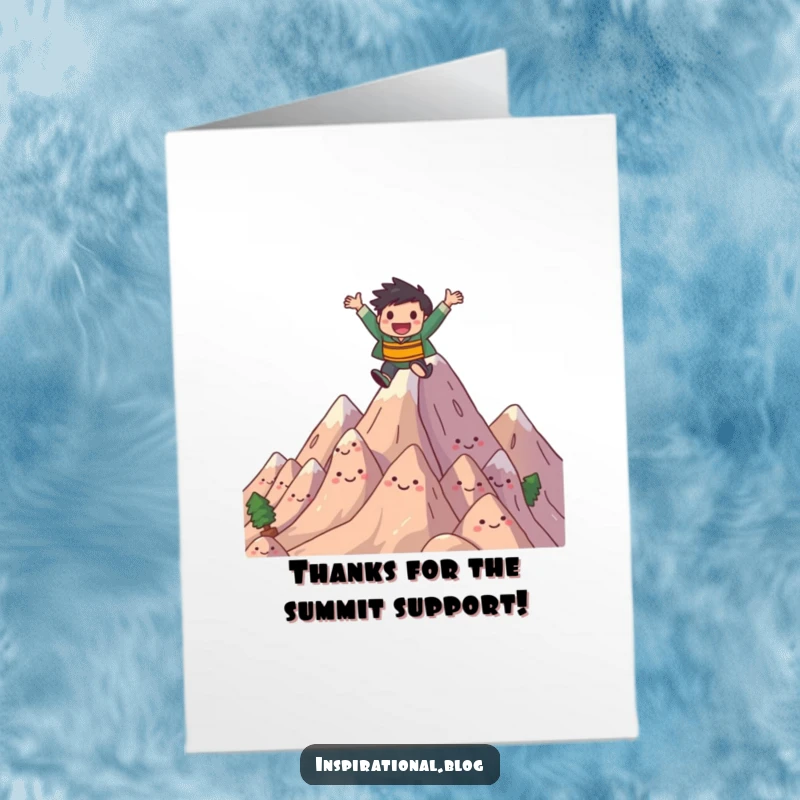 Funny Free Printable Thank You Card: A joyful character leaping over smiling mountains to express thanks.