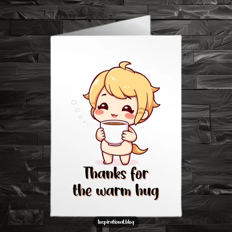 Funny Free Printable Thank You Card: A cheerful character holds out a steaming cup of tea, expressing sincere gratitude.