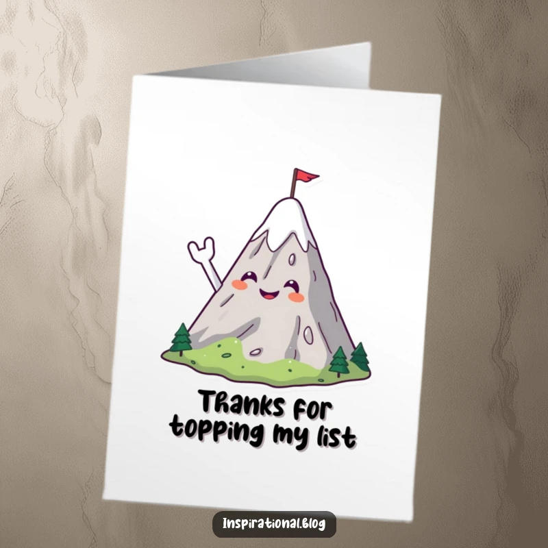 Funny Free Printable Thank You Card featuring a smiling mountain character waving a flag, conveying thanks from a high peak.