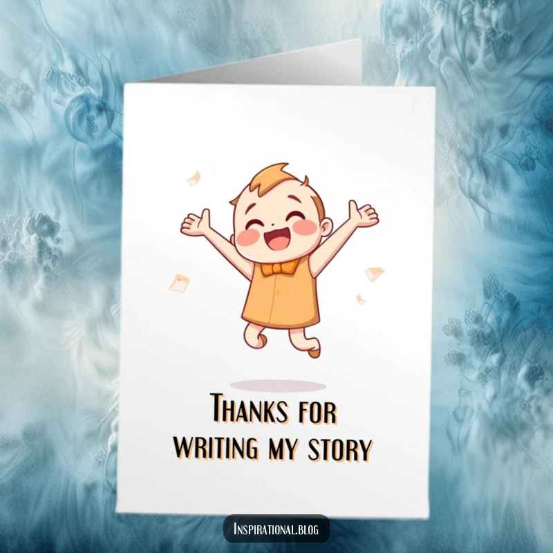 Funny Free Printable Thank You Card of a smiling book character leaping with joy, fluttering pages expressing thanks.