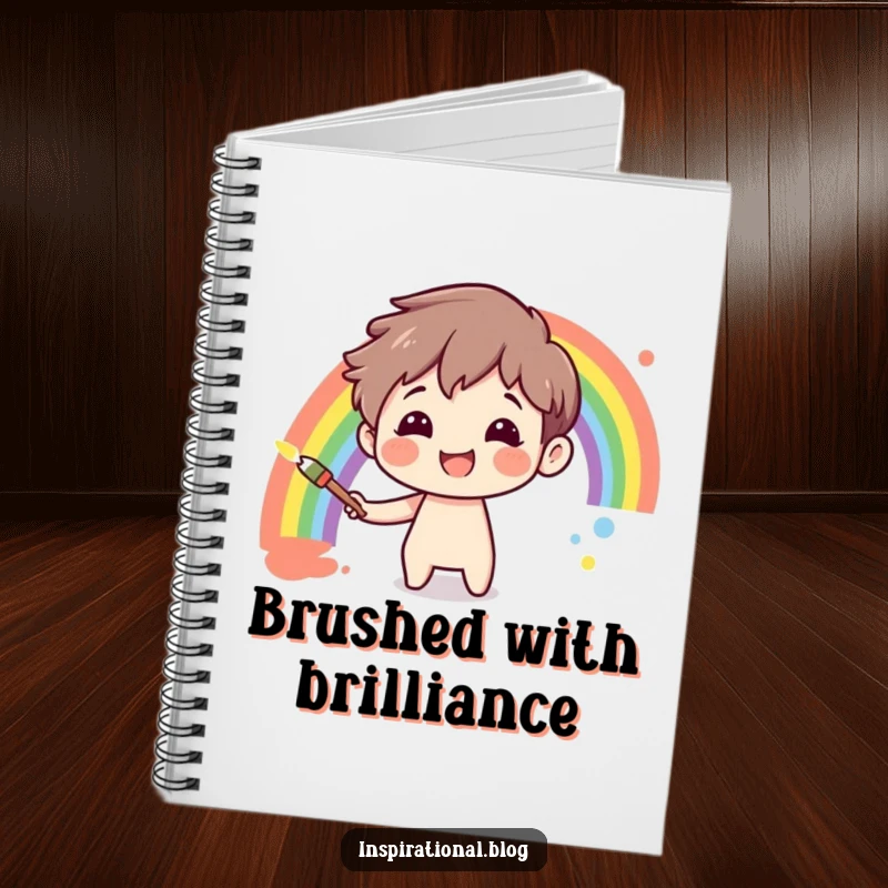 Funny character painting a rainbow on a canvas on a notebook cover, perfect for sketching and note-taking.
