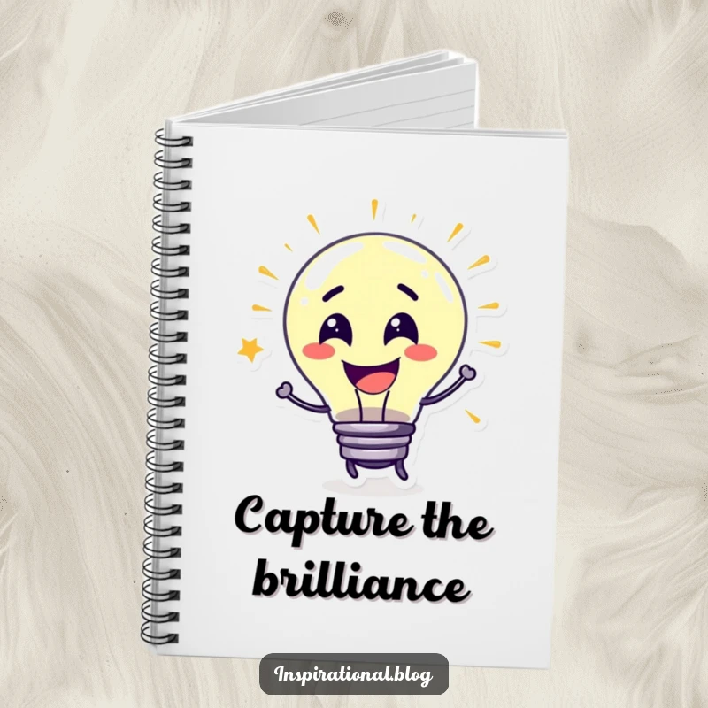 Funny Notebook featuring a grinning lightbulb character bursting with ideas, ideal for capturing genius thoughts.