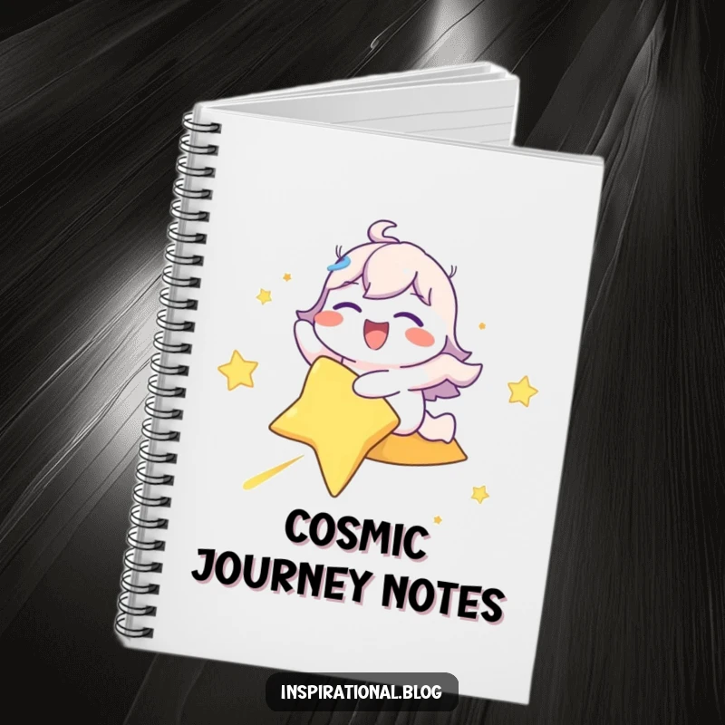 Funny notebook with a happy character eyes closed in delight, riding a shooting star, encouraging creative and joyful writing.