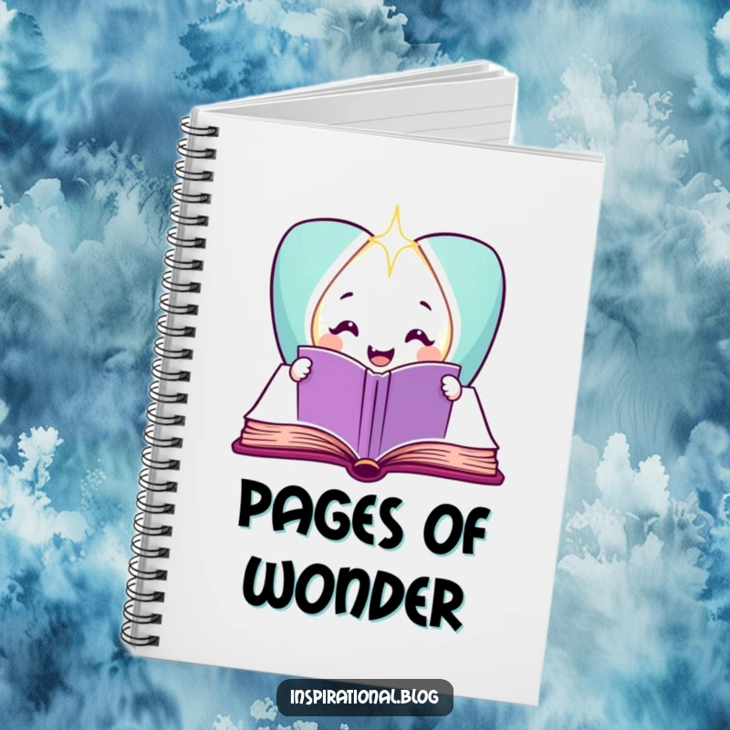 Funny smiling book character on a notebook, holding a light for creative writing.