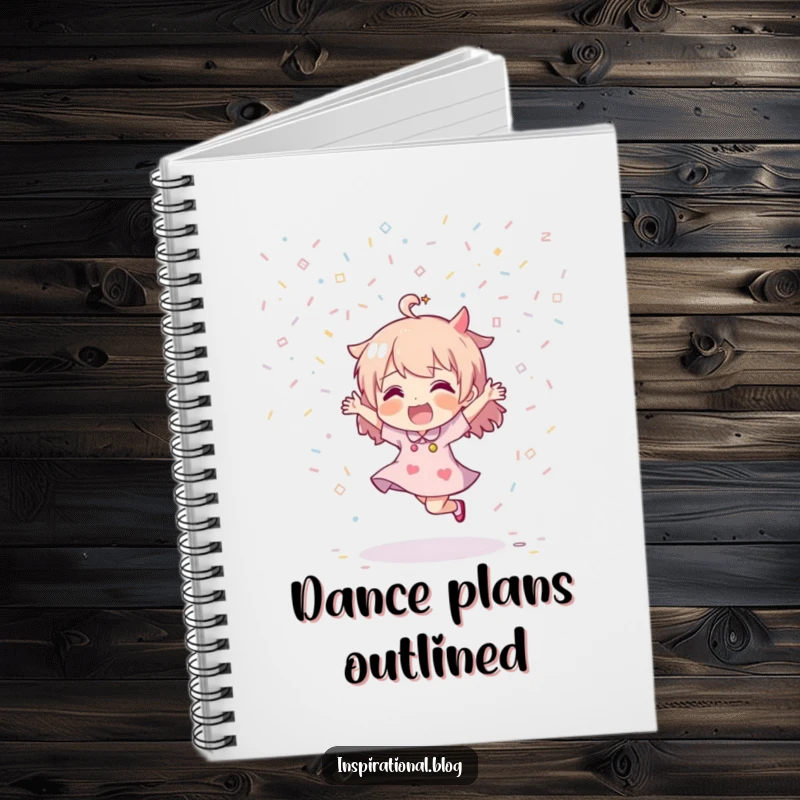 Funny notebook cover with a character dancing energetically, showered in confetti, perfect for jotting party plans.