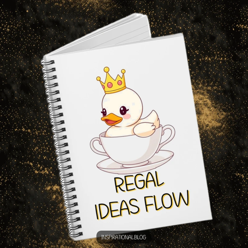 Funny notebook with a rubber duck wearing a crown, floating on a teacup, ideal for jotting down regal ideas and notes.