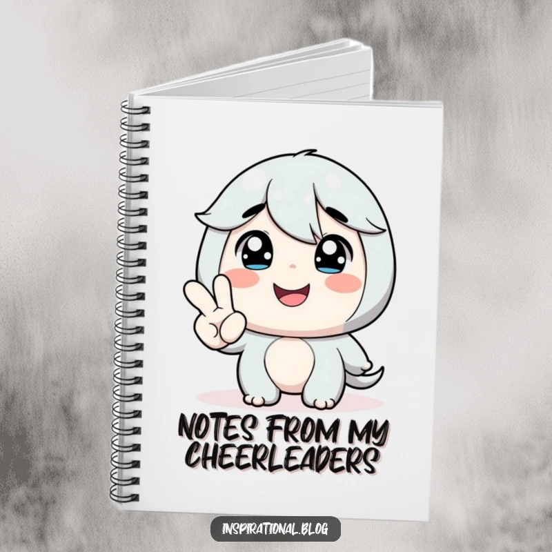 Funny notebook cover with a character smiling at a miniature hand offering encouragement, ideal for journaling positive thoughts.