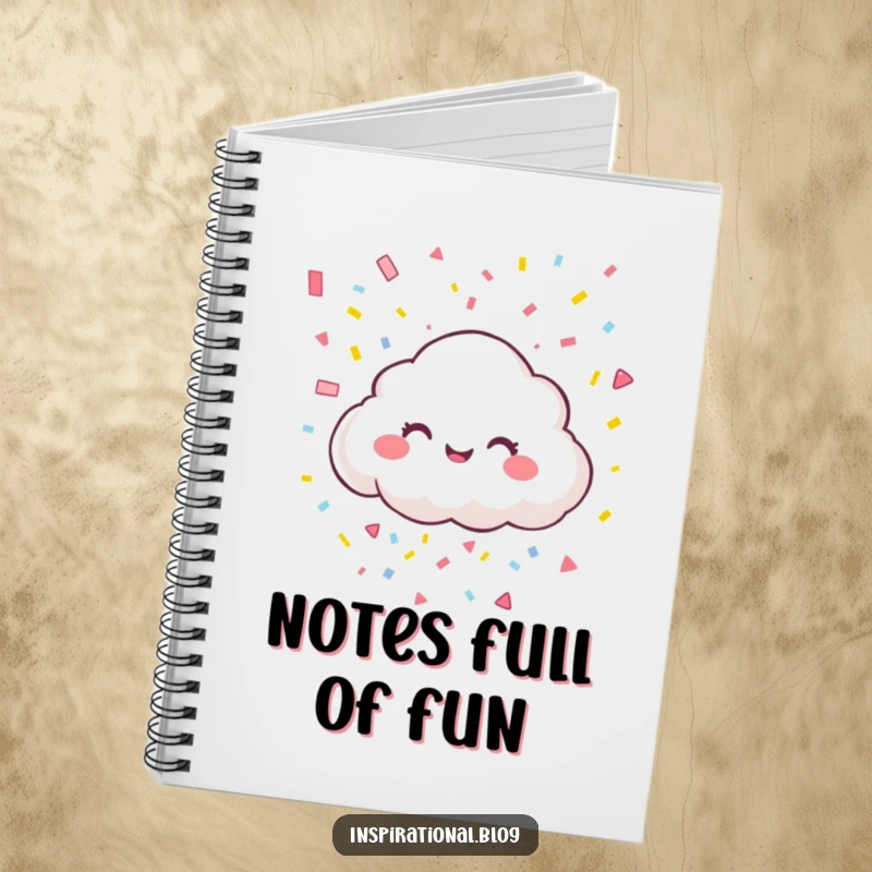 Funny notebook with a giggling cloud character raining colorful confetti, designed to capture festive ideas with playful charm.