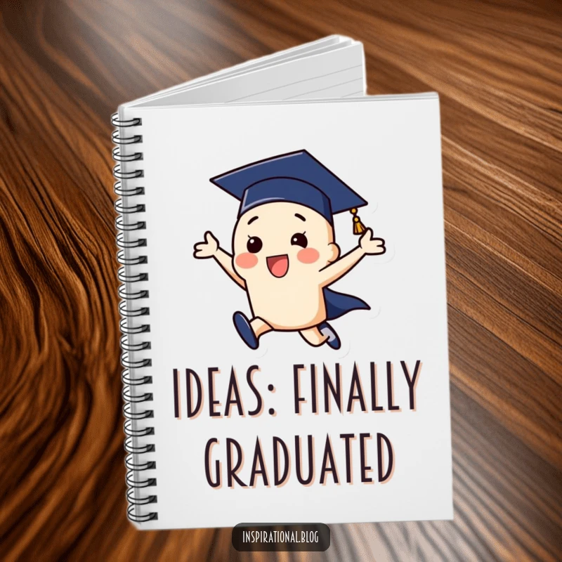 Funny graduation cap character celebrating with a leap, a humorous notebook for jotting down ideas and plans.