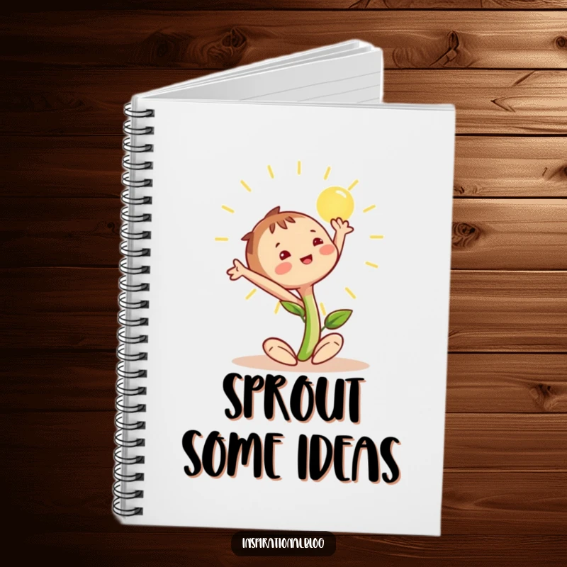 Funny seedling character stretching towards the sun on the cover of a notebook, encouraging ideas and growth.