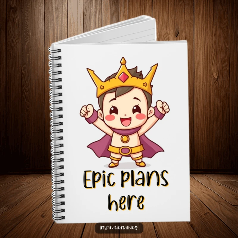 Funny Hero Notebook with a cheerful, tiny character striking a heroic pose, perfect for writing and planning.
