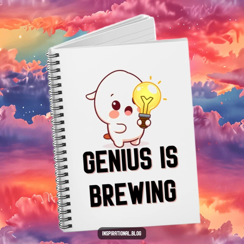 Funny notebook featuring a surprised kawaii character holding a glowing idea lightbulb, perfect for jotting down inspirations.