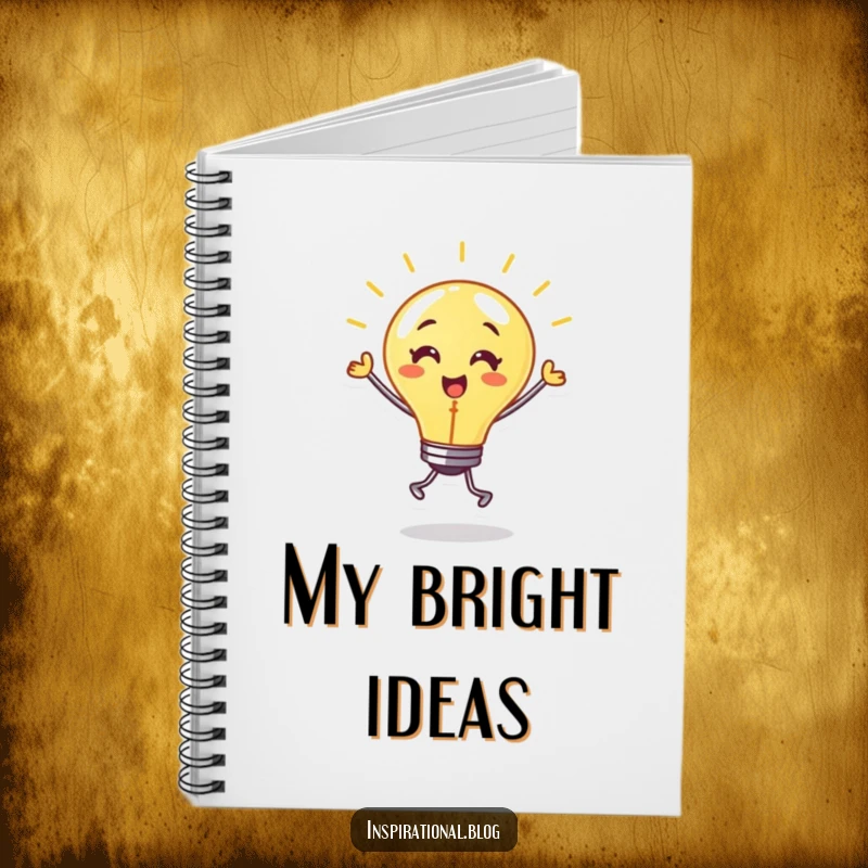 Funny notebook featuring a dancing lightbulb character with a warm glow and energetic movement, inspiring creativity.