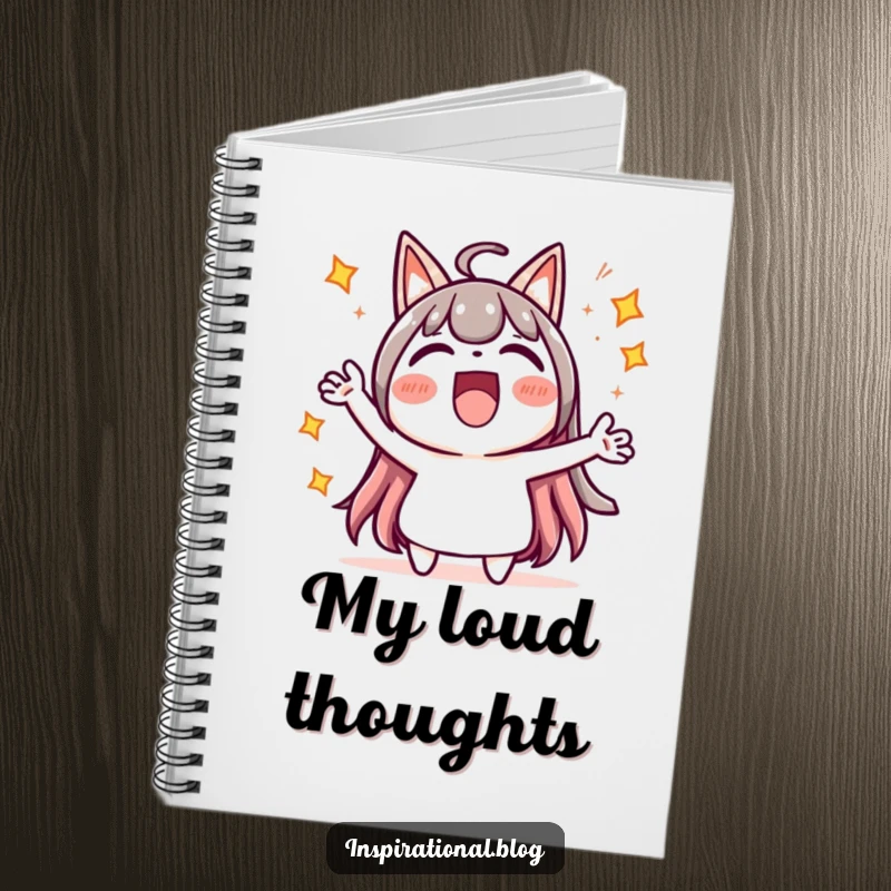 Funny notebook with a cute kawaii character cheering loudly, surrounded by dazzling starbursts, perfect for jotting ideas.