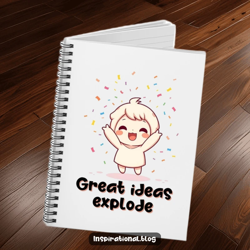 Funny notebook featuring a kawaii character joyfully throwing a confetti bomb, perfect for planning parties or creative endeavors.