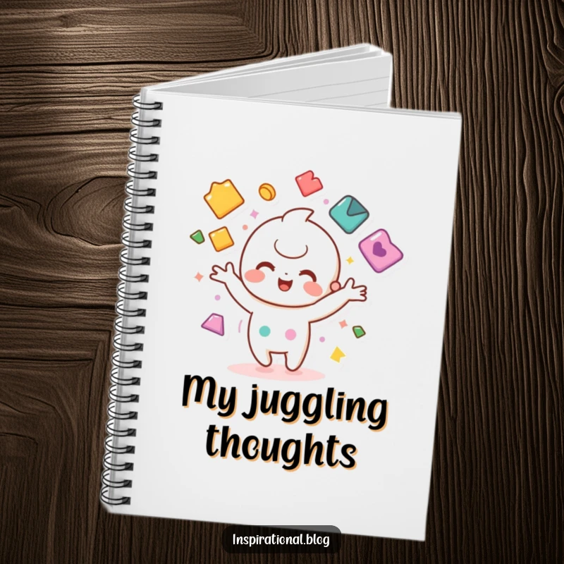 Funny notebook with a cute kawaii character juggling colorful shapes, perfect for jotting down ideas.