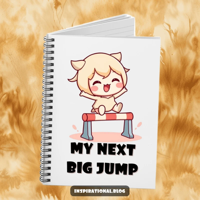 Funny notebook with a cover featuring a kawaii character energetically jumping over a small obstacle, inspiring creative and humorous ideas.