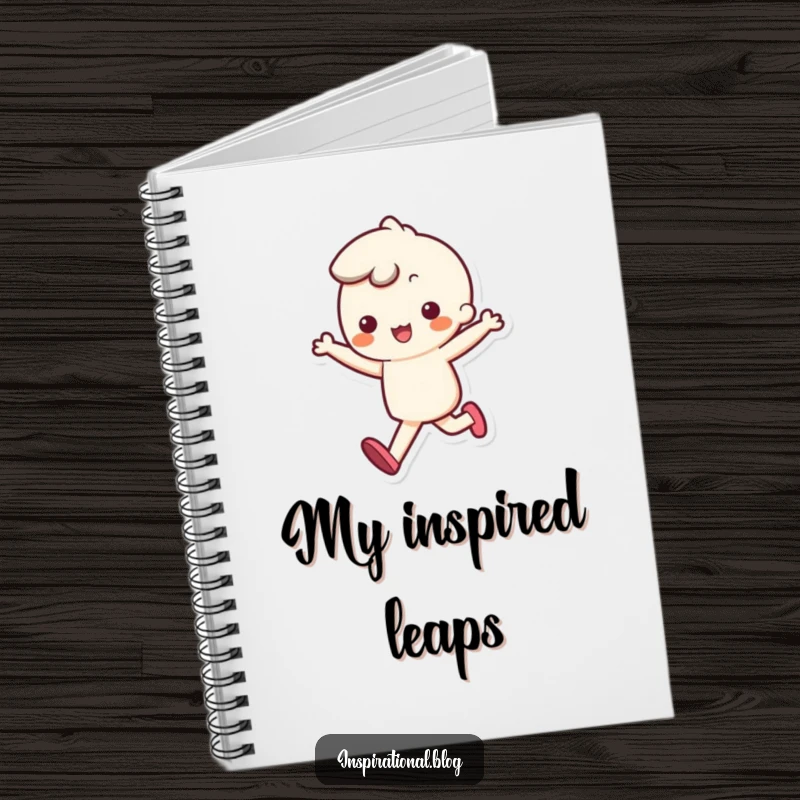 Funny notebook with a cute kawaii character skipping with a bouncy step, perfect for jotting down happy ideas.
