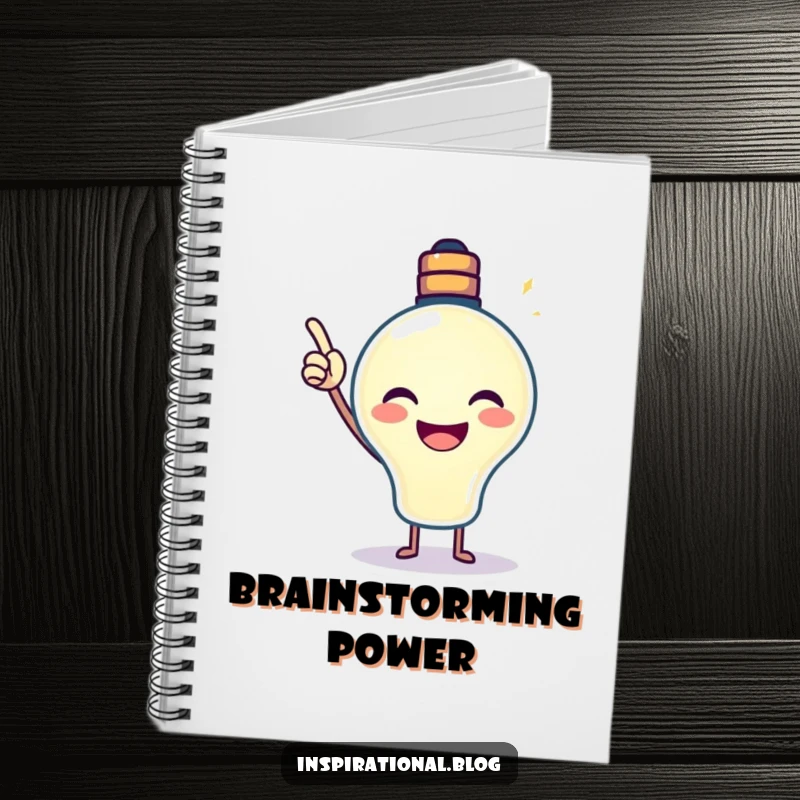 Funny Lightbulb Notebook with a smiling, beaming lightbulb pointing upwards, perfect for jotting down ideas.