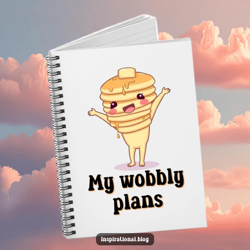 Funny notebook with a wobbly stack of pancakes attempting a handstand, ideal for jotting down breakfast ideas and humorous notes.