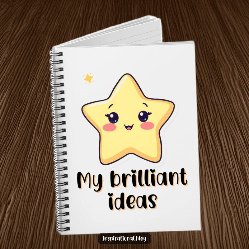 Funny pen notebook with a cheerful pen character drawing a star, ideal for jotting down creative thoughts and artistic inspiration.