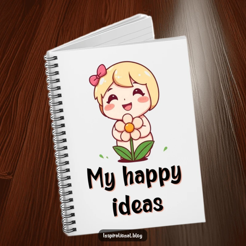 Funny notebook with a happy character planting a smiling flower, ideal for journaling and creative thinking.