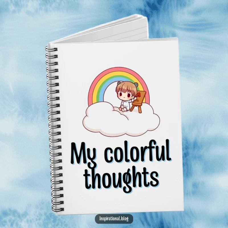 Funny notebook with a character painting a rainbow on a cloud, perfect for sketching and creative writing.