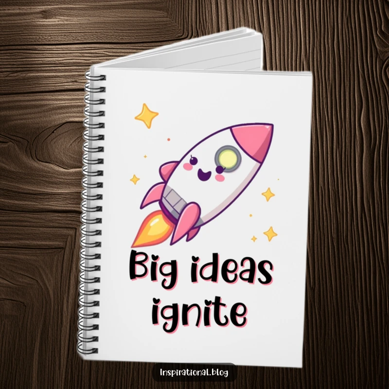 Funny happy rocket ship character on a notebook, encouraging exploration and big ideas.