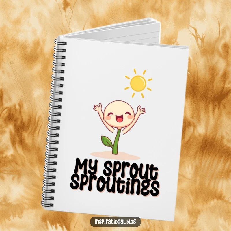 Funny Notebook cover with a cute sprout character joyfully reaching towards the sun, inspiring creative and positive note-taking.
