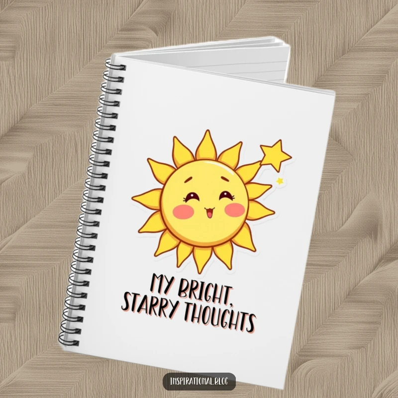 Funny sun notebook, bright sun character with rosy cheeks surprised by a shooting star, celestial art, journaling tool.