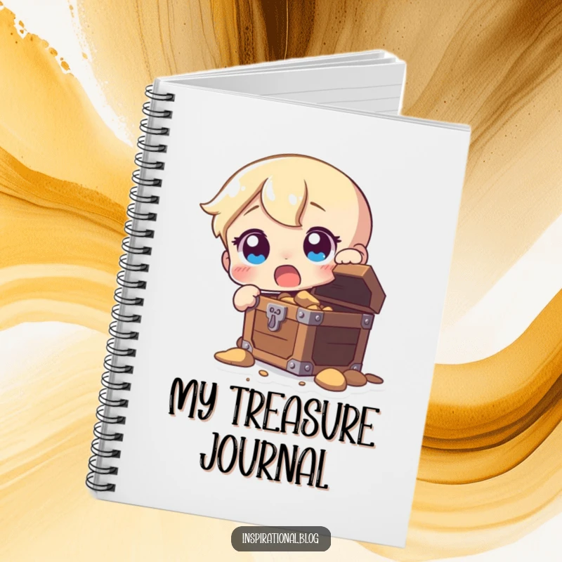 Funny notebook cover with a character's amazed face as they uncover a treasure chest, perfect for recording ideas.
